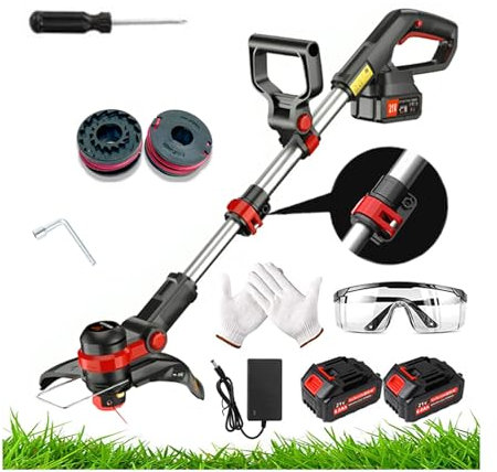 Coupe-Bordure sans Fil avec Batterie, Tête Réglable, Poignée Télescopique, 2 Batteries 2Ah, pour Pelouse, Jardin