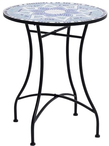 Outsunny Mesa de Jardín Redonda Mesa de Terraza Exterior Ø60x71 cm con Encimera de Mosaico Decorativo Carga 100 kg Mesa para Exterior Patio Azul y Blanco