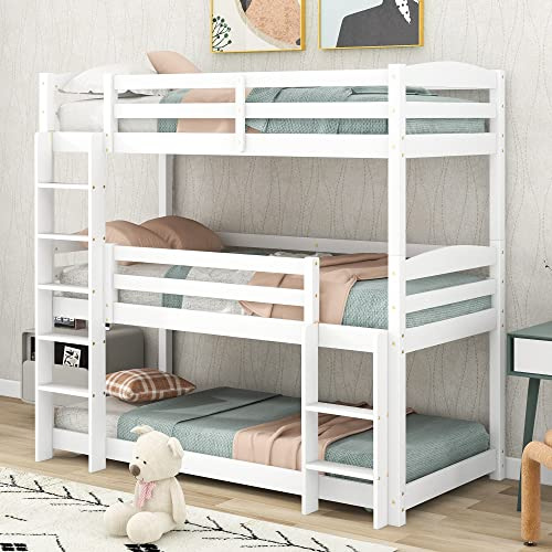 NovaFurnish Cama de 3 literas de madera para niños y adolescentes, 90 x 200 cm, cama individual (sin colchón), color blanco | cama alta, muebles de dormitorio, ahorra espacio