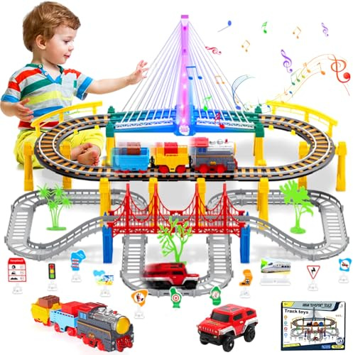 Tatqilo Electric Train Set for Kids, 103-Pcs Train Track Accessory Set with Bridges, Lights & Sounds, DIY Car Tracks, Educational Toy for Boys and Girls Aged 4, 5, 6, 7, 8+, Birthday