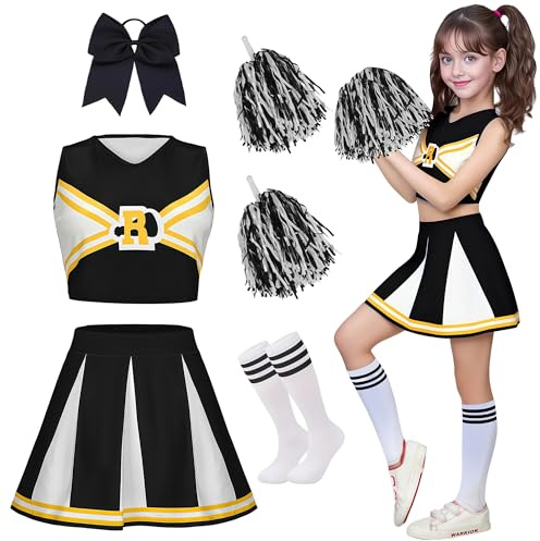 Costume da cheerleader per bambini, da cheerleader, per ragazze, da cheerleading, uniforme, vestito da cheer leader, per bambini, costume di carnevale con elastico per capelli, pompon e calzini per