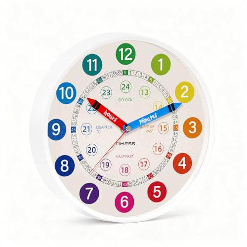 Silent 10 Wall Clock, Battery-Operated Learning to Tell Time Analog Clock , Colorful Time Teaching Home school Supplies, Non-Ticking Quartz Movement for Classroom Bedroom (Battery Not Included)