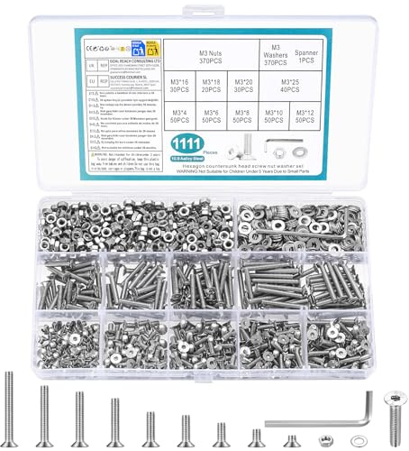 M3 M4 M5 M6 M8 Screws Bolts Set, 155-1144 Pcs Hex Socket Flat Head Countersunk Assortment Kit, Machine Screws Nuts Washers with Allen Wrench for Electronics Furniture Repairs (Silver) (1111, M3)