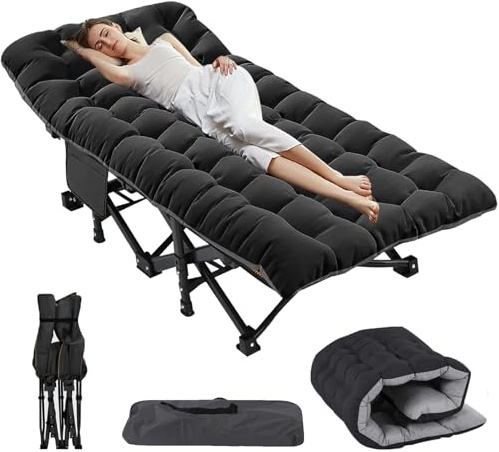 ZIKEBTUY Garden Sunloungers 900lbs Load Capacity Folding Bed Sun Recliner Lounger with Side Pocket and Adjustable Backrest Portable Camp Bed for Camping Office Nap Patio Pool 198x81x46CM (Black XL)