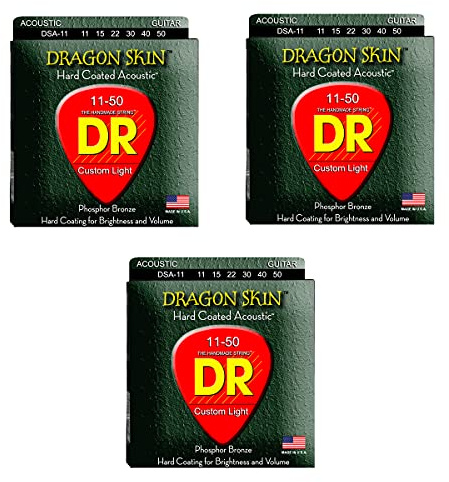 DR DSA-11 Corde per chitarra western Dragon Skin, 011-050, confezione da 3