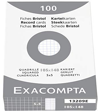 Exacompta - Ref 13209E - Förpackning med 100 operforerade 5x5 kvadratiska indexkort - format 105 x 148 mm - kompatibel med bläckstråleskrivare, laserskrivare och kopiatorer - färg vit