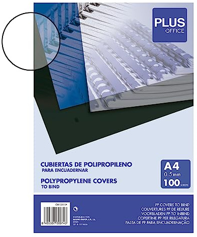 Plus Office - Portadas para Encuadernar de Polipropileno, 500 micras, Pack de 100 unidades, Cubiertas de Encuadernación de Plástico Color Transparente, Formato A4