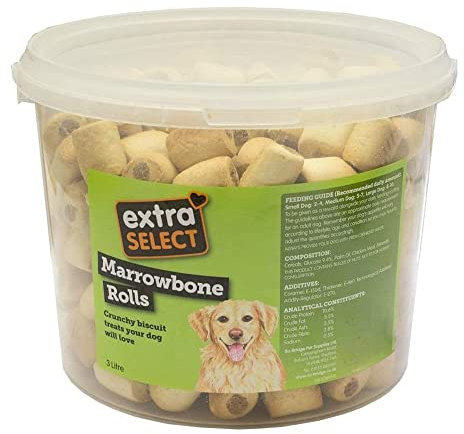 Extra Select Marrowbone Rolls Crunchy Dog Biscuits & Snacks - Marrowbone Puppy Treats & Bedtime Biscuits for Dogs - 3 Litre Resealable Tub