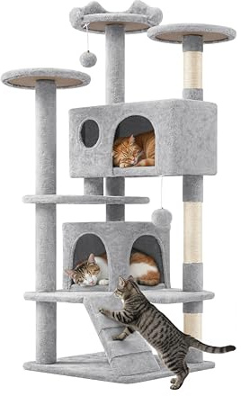 Yaheetech Arbre à Chat 139 cm, Arbre à Grimper avec 2 Niches 3 Plateformes 2 Boules en Sisal Multi-Niveaux Idéal pour 3-4 Chats, Gris Clair