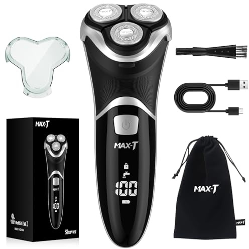 MAX-T Men's Electric Shaver - Corded and Cordless Rechargeable 3D Rotary Shaver Razor for Men with Pop-up Sideburn Trimmer Wet and Dry Painless 100-240V Black (Metal Black)