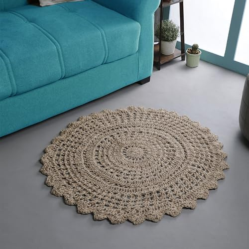 Ramanta Home Jute Handmade Natural Crochet Woven Rug 3 Feet Round, Anti- Slip Circle Boho Farmhouse Accent Area Rugs for Living Room, Kitchen, Bedroom | Nursery Costal Neutral Floor Patio Mat