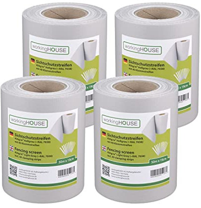 Workinghouse 4 x PVC Sichtschutzstreifen für Doppelstabmattenzaun - 450g/m² 50 m x 19 cm - Zaunsichtschutz, Gartenzaun, Sichtschutz, Zaunfolie - inkl. 40 Clips/Klemmstreifen (Hellgrau)