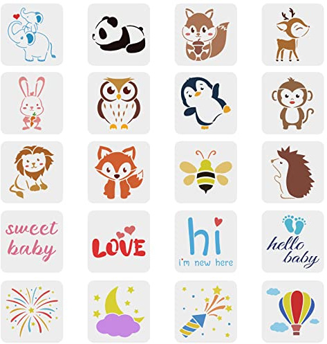 FINGERINSPIRE 20 stencil per baby shower 15x15cm motivo elefante cervo coniglio scimmia leone artigianato stencil fuochi d'artificio luna stencil per piastrelle in mobili da parete in legno…