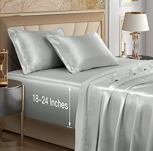 VACVELT 4 st extra djupa fickor satinlakan queen size sängset, silvergrått satinlakan set passar 45–61 cm djup fickmadrass, silkeslent och lyxigt satinbäddset mjukt och ultratjupt dra-på-lakan set