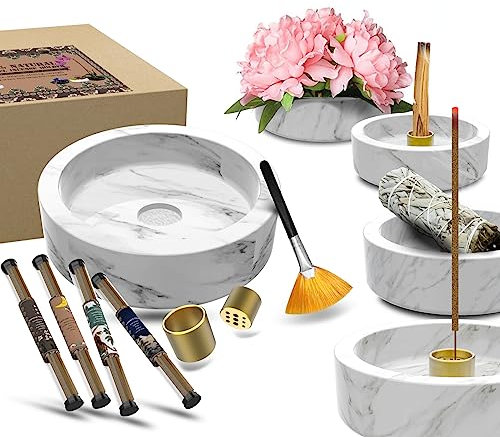 Räucherstäbchen Halter Marmor Mückenspirale Halter - Groß 6-in-1 Multifunktional Räucherstäbchenhalter für Räucherstäbchen Mückenabwehr Palo Santo mit Räucherstäbchen als Geschenk (Weiß Grau)