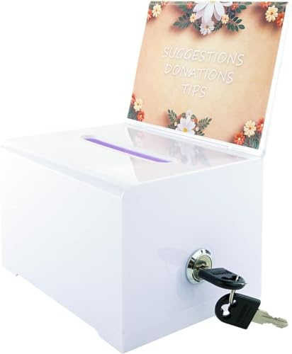 KAFENDA Urne acrylique pour don avec serrure, boîte à suggestions sécurisée parfaite pour les cartes de visite (15,9 x 11,4 x 10,2 cm) (blanc)