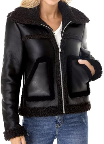 Women's Faux Shearing Moto Jacket Thick Fur Lined Coat Sherpa Leather Jacket Black L