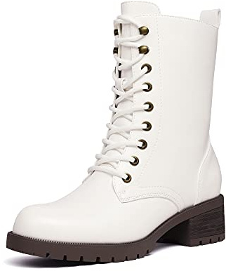 DREAM PAIRS Stivali da Stringati a metà Polpaccio da Donna Scarpe Autunno Inverno Comodi Stivali da Combattimento alla Moda con Cerniera da Donna,Size 40,Bianco,DMB214-E