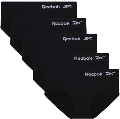 Reebok Hipster Panties for Women - 5 Pack Stretch Performance Seamless Underwear with Relaxed Tag-Free Waistband (S-XL), Size Medium, All Black