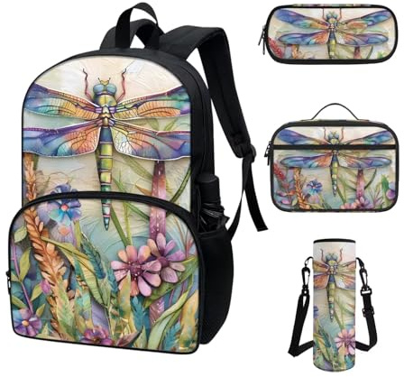 COEQINE Rucksack für Kleinkinder, Mädchen, Jungen, cooles Cartoon-Autos, Schulrucksack-Set für Kinder, Lunchbox, Federmäppchen, tragbare Flasche, libelle