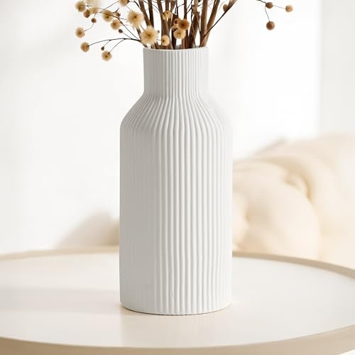 Winter Shore Keramik-Vase Weiß - Weiße Vase Deko für Blumen - Blumenvase Modern für Inneneinrichtung - Pampasgras Vase für den Schreibtisch im Büro, Wohnzimmer - Elegante Vase Keramik