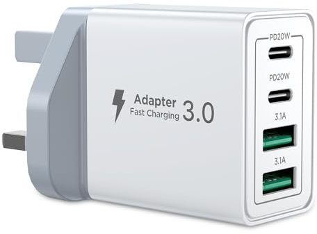 USB C Plug Fast Charge, 40W 4-Port Multi USB Charger Plug UK Dual Port PD Power Adapter +QC Wall Plug Multiport Mains Type C Charging Plug for iPhone 17 16 15 14 13 12 11 Pro Max XS XR 8, Samsung, Pad