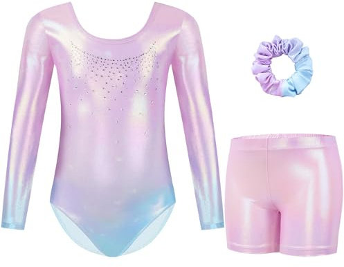 Gogokids Tredelade gymnastiktröjor för flickor, långärmad gymnastikset med shorts och pannband, glänsande dansklänning med gradient färgdesign för 3–12 år