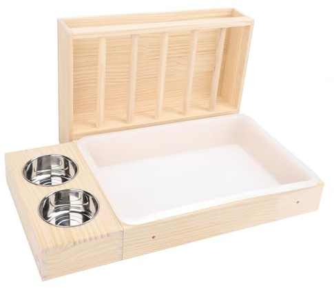 Comedero de Heno para Conejos 3 en 1 con Caja de, 2 Cuencos de Acero Inoxidable a Prueba de Suciedad de Madera para Cobayas, Chinchillas, Hámster, Conejo Enano, Pesebre para