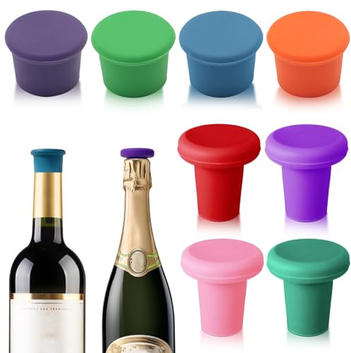 8 PCS MultiColor Silicone Wine Stoppers, Reusable Sparkling & Champagne Corks, Sealed Beverages Beer Bottle Caps, Keeps Wine Fresh
