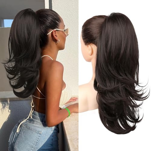 Flufymooz Ponytail Extension for Women, 20 Inch Drawstring Ponytail Hair Extension for Women, Soft Natural Looking Synthetic Pony Tails Hairpiece (Black Brown)