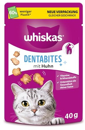 WHISKAS Mugg Dentabites kattsnacks med kyckling 6 x 40 g - tandvårdssnacks för katter med kyckling