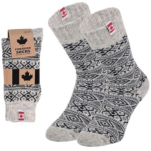 1 Pair of Canadian Thick Wool Socks with Natural Wool - Plush Lined Warm Socks for Women, Men - Sturdy Thermal Socks