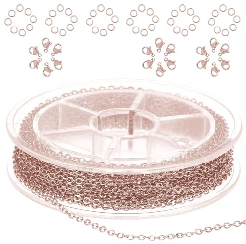 COMNICO Chaîne de bijoux en acier inoxydable de 10 m - 1,5 mm - Fournitures pour la fabrication de colliers, boucles d'oreilles, bracelets, rouleaux de câbles métalliques, 20 fermoirs mousquetons, 50