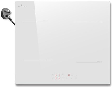 Placa de inducción blanca enchufable DELITEER, placa eléctrica de 2800W 13amp, placa de inducción de 60 cm incorporada de 4 quemadores, control táctil con bloqueo de seguridad, temporizador, 220V
