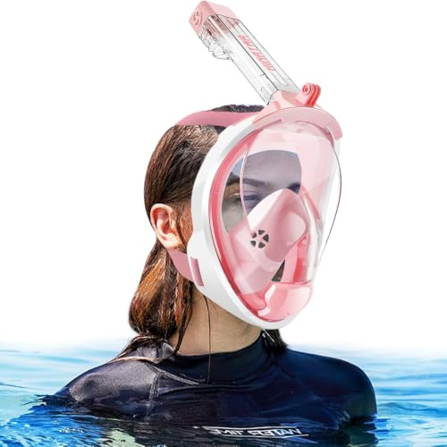 HINATAA Full Face Snorkel Mask, 180°Panoramic View Double Floating Ball Snorkeling Mask, Anti-Fog Full Face Diving Mask, with Detachable Camera Mount, for Adults Youth (Pink, L/XL)