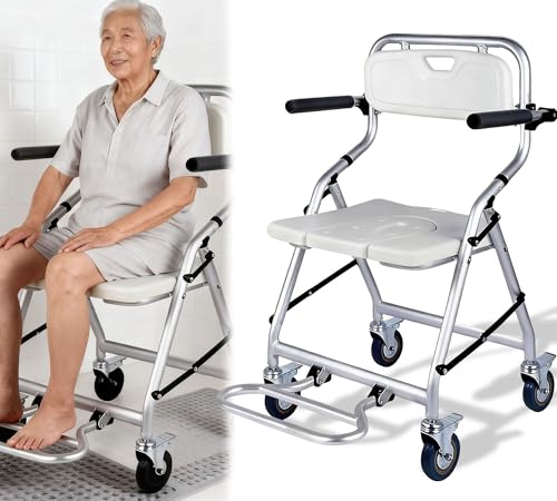 Sedia da Doccia con Ruote Pieghevole, Sedia Doccia con Braccioli e Schienale, sedile per Doccia per Anziani e Disabili, Sgabello Bagno Doccia, Carico 120 Kg, Una Sedia Doppio Scopo