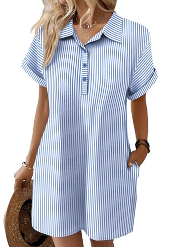 Zeagoo Robe d'été Femme en Lin Robe Mi-Longue Longueur Genou Décontractée Robe de Plage à Manches Courtes Robe Chemise avec Poches S-XXL