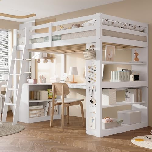 YAIXBNG Cama alta, cuna, práctico estante de almacenamiento, barandilla de seguridad, paño de fieltro para colgar objetos, deslizadores estables, pino + aglomerado + madera contrachapada, blanco, 90 x