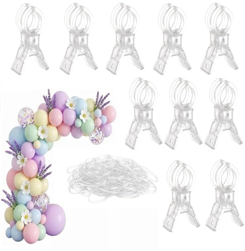 Namow 10 stycken ballongbågar i plast med 50 stycken gummi, ballongirlangklämmor, fjäderklämmor för födelsedag och festdekoration (10 stycken – transparent – M)