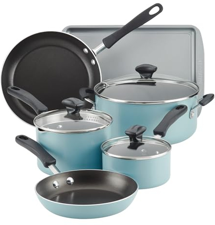 Farberware Cookstart DiamondMax Nonstick Cookware/Pots and Pans Set, Dishwasher Safe, Includes Baking Pan and Cooking Tools, 15 Piece - Aqua