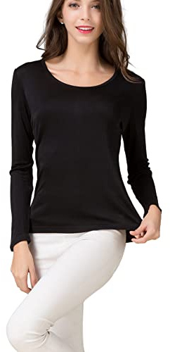 METWAY Women's Mulberry Silk T-Shirt Long Sleeve Pure Silk tee Shirt/Crew Neck Silk Blouse Undershirt X-Large Black