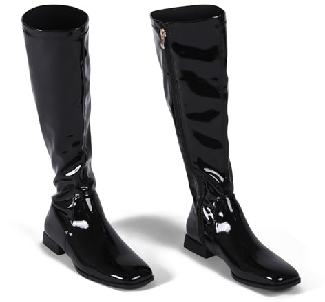 GENSHUO Knee High Boots for Women Comfy Flat Heel Vintage Square Toe Fall Winter Solid Side Zipper Costume Knight Booties Patent Leather Black Size 7