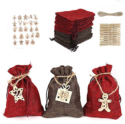 24pcs Christmas Advent Calendar 2021 Fillable DIY Advent Calendar Bags With 1-24 Advent Numbers Wooden Tags Make Your Own Xmas Advent Calendars Tree Hanging Hessian Sacks Christmas Small Gift Bags