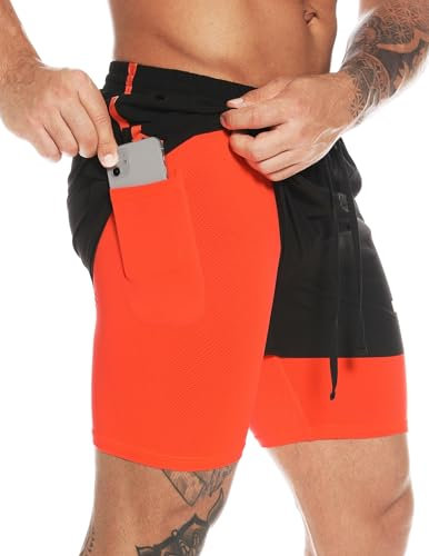 Herren 2 in 1 Shorts Schnelltrocknende Laufshorts mit Taschen Sport Kurze Hosen Fitness Laufhose Jogginghose für Übung