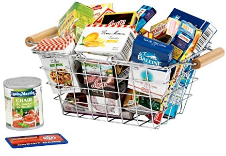 Theo Klein 7202 Panier à provisions en métal garni avec double anse - Livré avec de nombreuses boîtes factices en français et avec des marques connues - Pour les enfants à partir de 3 ans