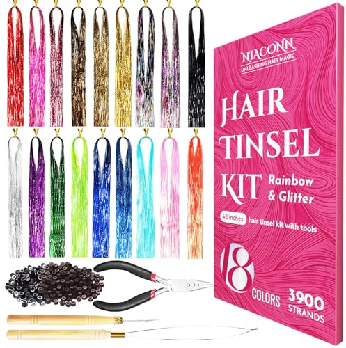 NIACONN Glitter Hair Tinsel Extensions Kit 18 Colors with Tools and Beads, 48 Inch Sparkly Fairy Colorful Tensile Strands Shiny Hair Accessories for Women Girls Kids