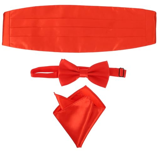 Kisangel Red Bow Tie Cummerbund Set for Men, 3-Piece Formal Tuxedo Accessories with Pocket Square, Classic 4-Pleat Adjustable Waist for Weddings, Proms & Galas