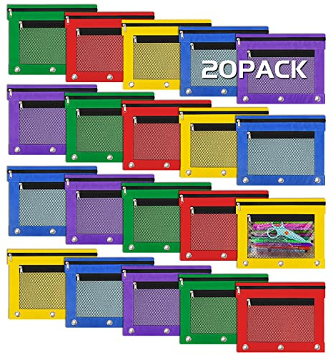 IKAYAS 20 Pack Pencil Pouch for 3 Ring Binder bulk Binder Pencil Pouch with Zipper, Pencil Pouches Pencil Bags for Classroom bulk Pencil Box Pencil Case for Storing School Students Teacher Supplies
