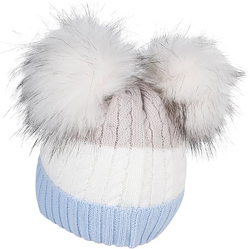 styleBREAKER Cappello a Maglia con Pompon a 3 Strisce Colorate, 2 Pompon in Pelliccia Sintetica, Fodera in Pile, 2-5 Anni 04024204, Colore:Azzurro-Bianco-Grigio Chiaro