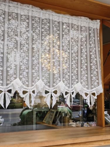 Devola Tenda corta in pizzo jacquard, con nodo ad arco, da cucina, in stile country, per il soggiorno, 85 x 82 cm, colore bianco, 1 pezzo